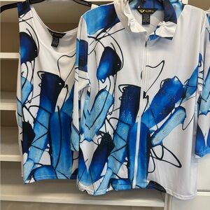 Valentina Blue & White Abstract Print Camisole and Zip-Front Top Set